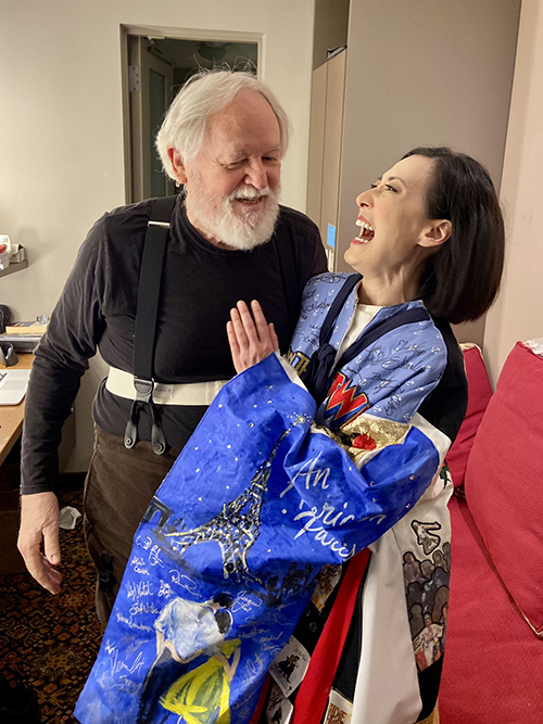 Ann Sanders visits Dakin Matthews backstage when blessing the company. Photo by Jeffrey Bateman.